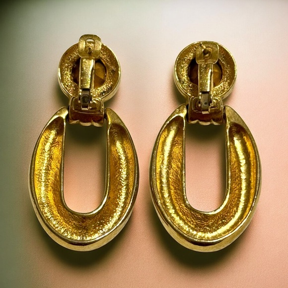 Vintage Givenchy Gold and Green Gem Pierced Door Knocker Earrings - Picture 2 of 4